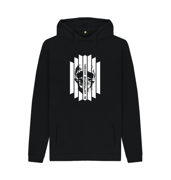 Black Threaded Rebels, Men's Certified Organic Cotton Pullover Hoodie, Front Skull Vertical WB