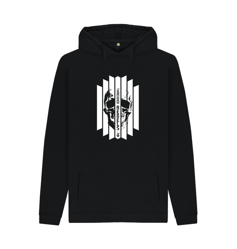 Black Threaded Rebels, Men's Certified Organic Cotton Pullover Hoodie, Front Skull Vertical WB