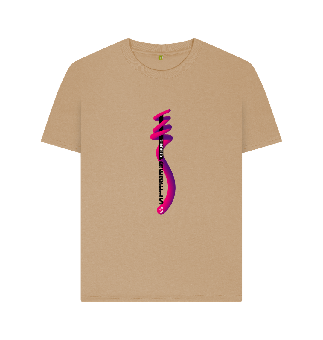 Sand Threaded Rebels, Women's Certified Organic Cotton T-shirt, Front Vertical Twirl PB