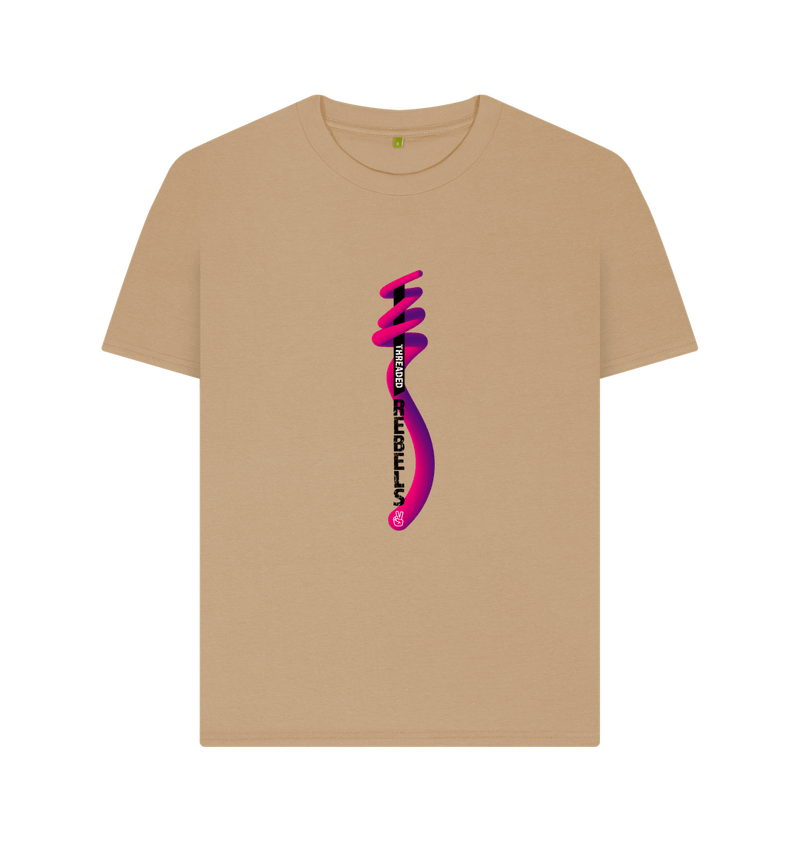 Sand Threaded Rebels, Women's Certified Organic Cotton T-shirt, Front Vertical Twirl PB