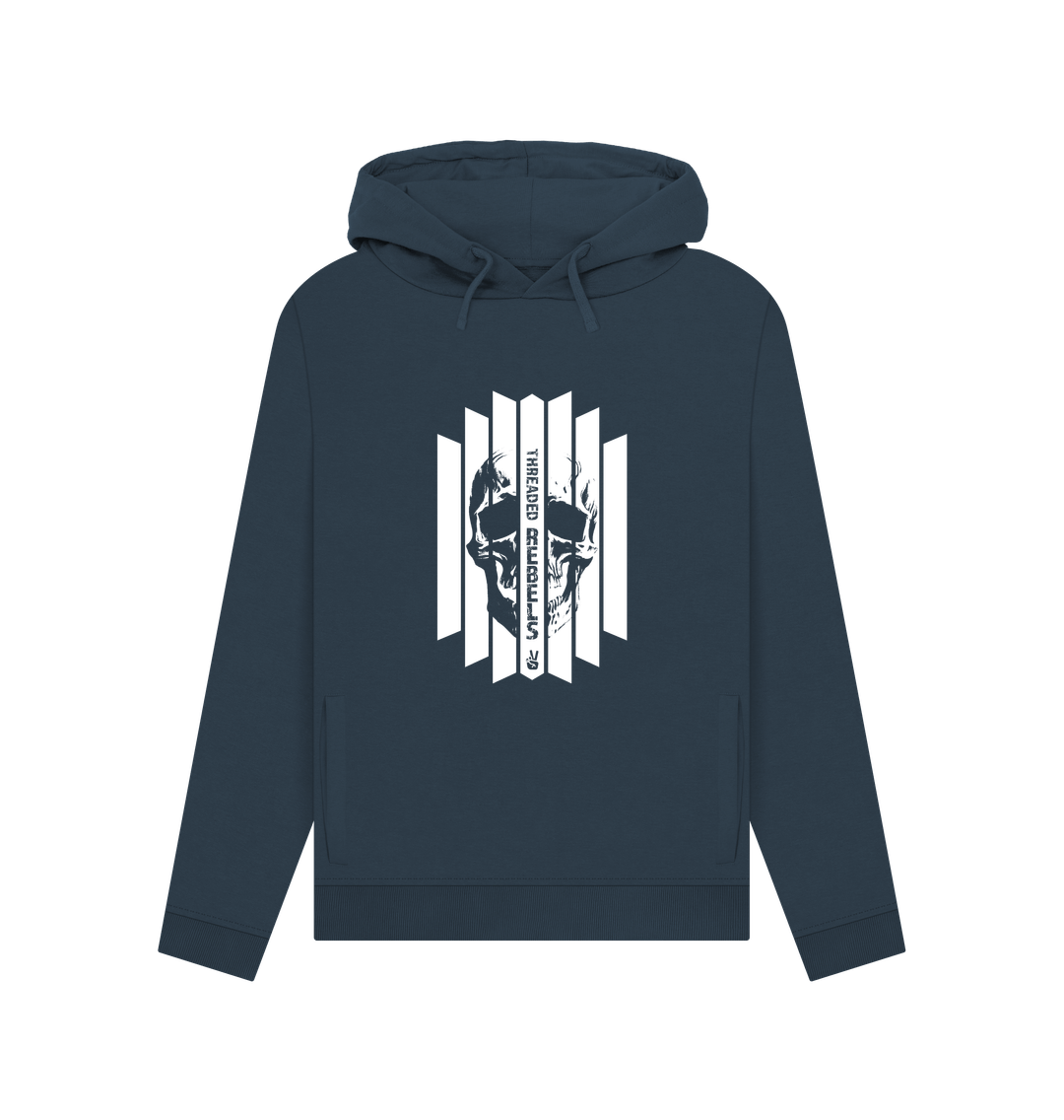 Navy Blue Threaded Rebels, Women's Certified Organic Cotton Pullover Hoodie, Front Skull Vertical W