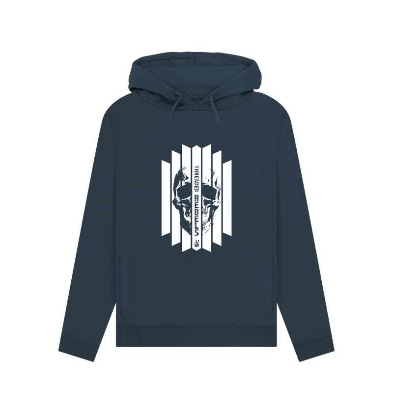 Navy Blue Threaded Rebels, Women's Certified Organic Cotton Pullover Hoodie, Front Skull Vertical W