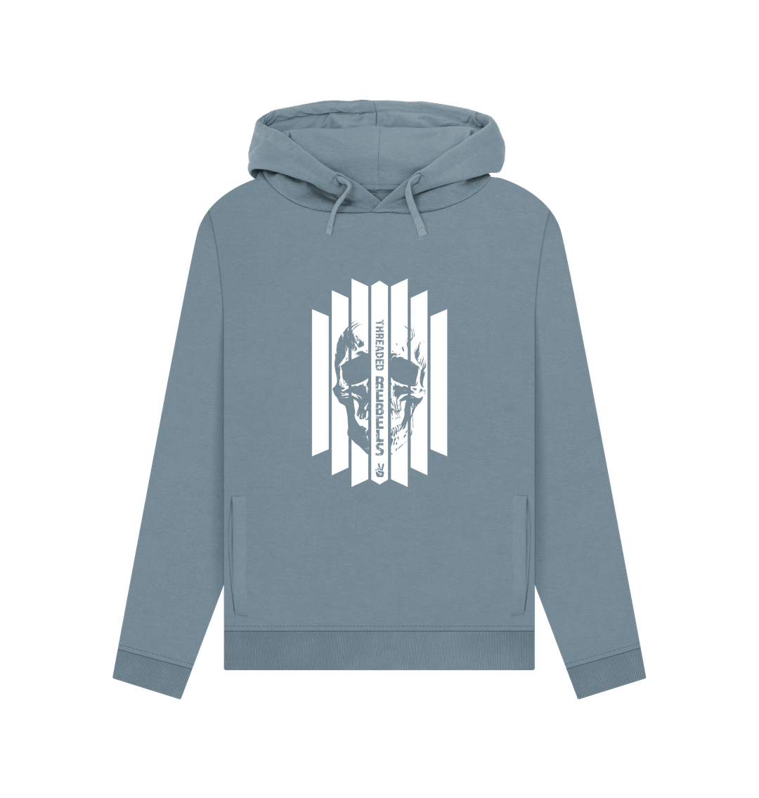 Stone Blue Threaded Rebels, Women's Certified Organic Cotton Pullover Hoodie, Front Skull Vertical W