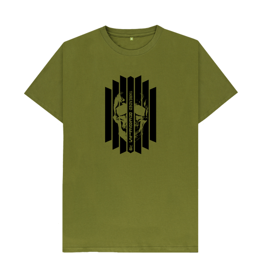 Moss Green Threaded Rebels, Men's Certified Organic Cotton T-shirt, Front Skull Vertical BW