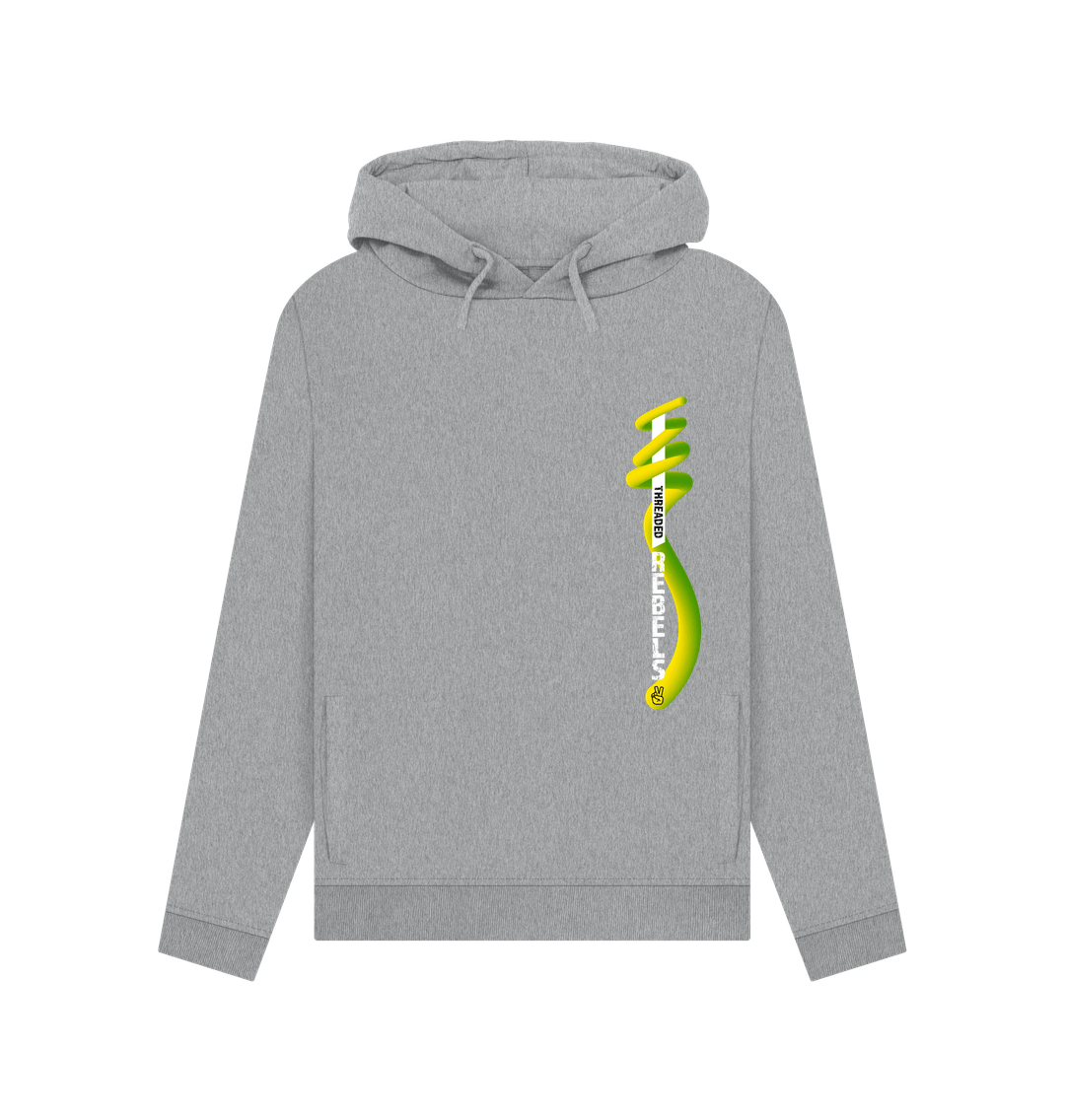 Light Heather Threaded Rebels, Women's Certified Organic Cotton Pullover Hoodie, Left Vertical Twirl GYW