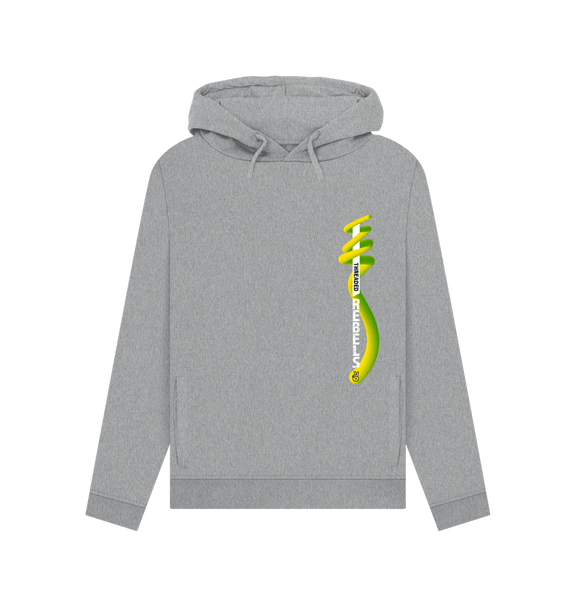 Light Heather Threaded Rebels, Women's Certified Organic Cotton Pullover Hoodie, Left Vertical Twirl GYW