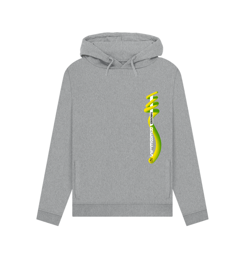 Light Heather Threaded Rebels, Women's Certified Organic Cotton Pullover Hoodie, Left Vertical Twirl GYW
