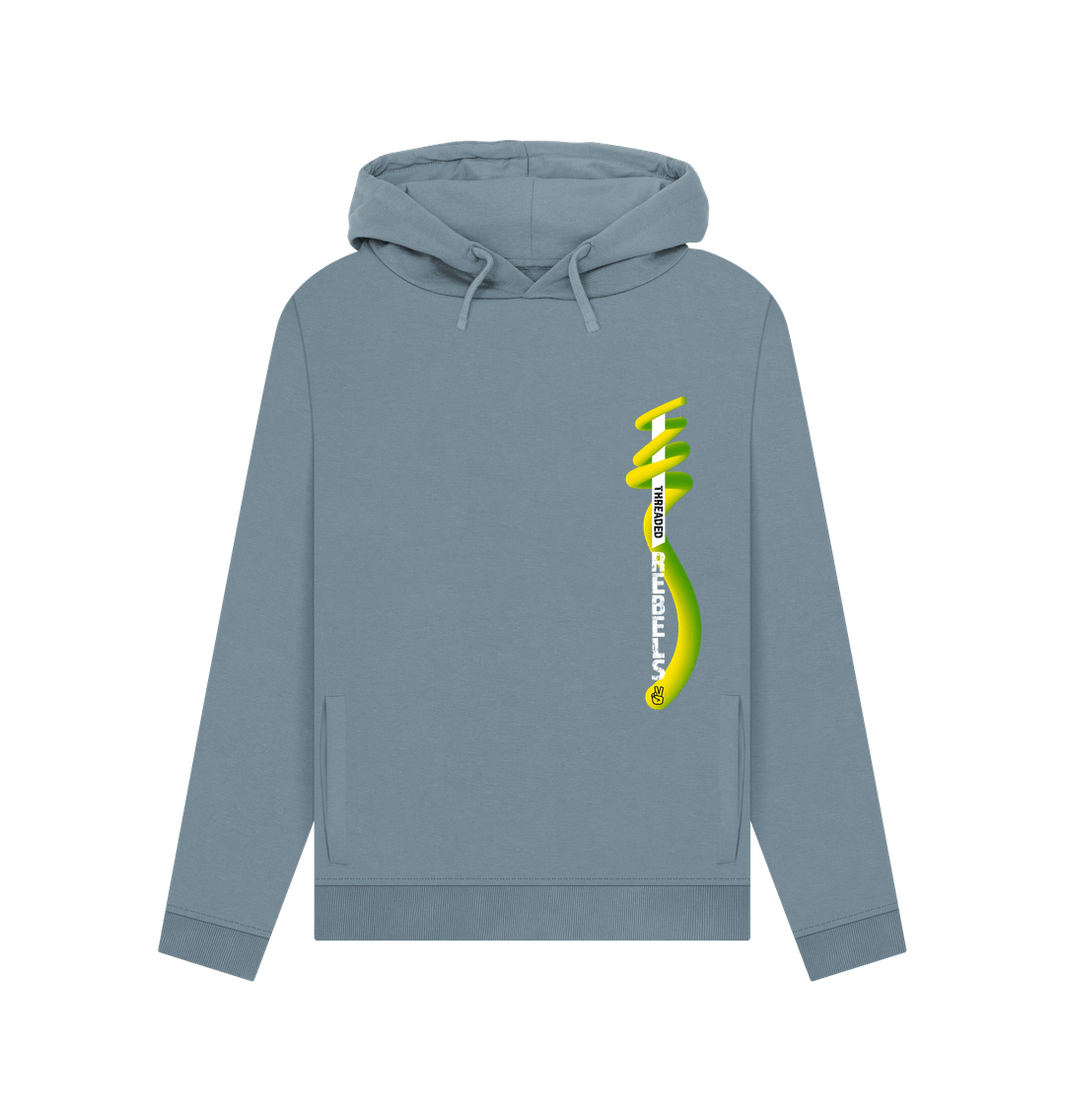 Stone Blue Threaded Rebels, Women's Certified Organic Cotton Pullover Hoodie, Left Vertical Twirl GYW