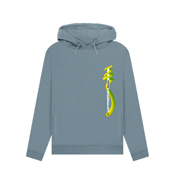 Stone Blue Threaded Rebels, Women's Certified Organic Cotton Pullover Hoodie, Left Vertical Twirl GYW