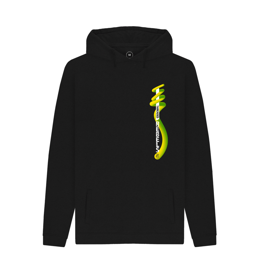 Black Threaded Rebels, Men's 50\/50 Remanufactured & Organic Cotton Hoodie. Left Vertical Twirl GYW