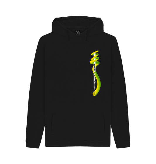 Black Threaded Rebels, Men's 50\/50 Remanufactured & Organic Cotton Hoodie. Left Vertical Twirl GYW