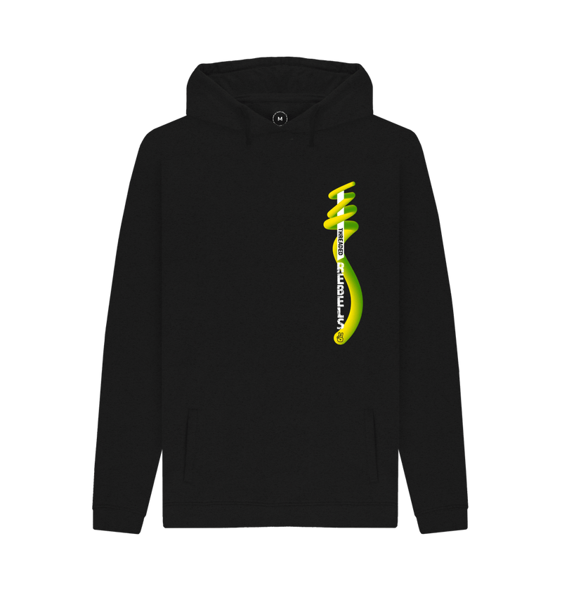 Black Threaded Rebels, Men's 50\/50 Remanufactured & Organic Cotton Hoodie. Left Vertical Twirl GYW