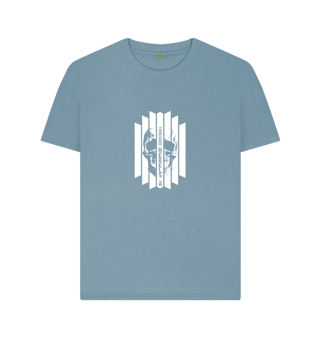 Stone Blue Threaded Rebels, Women's Certified Organic Cotton T-shirt, Front Skull Vertical W