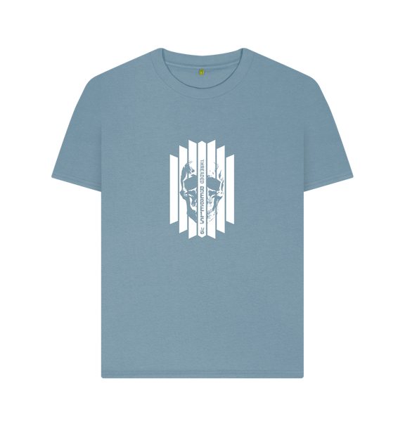 Stone Blue Threaded Rebels, Women's Certified Organic Cotton T-shirt, Front Skull Vertical W