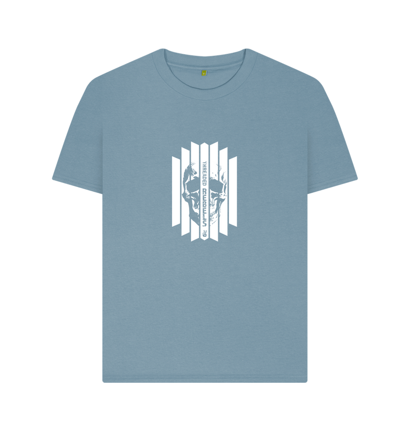 Stone Blue Threaded Rebels, Women's Certified Organic Cotton T-shirt, Front Skull Vertical W