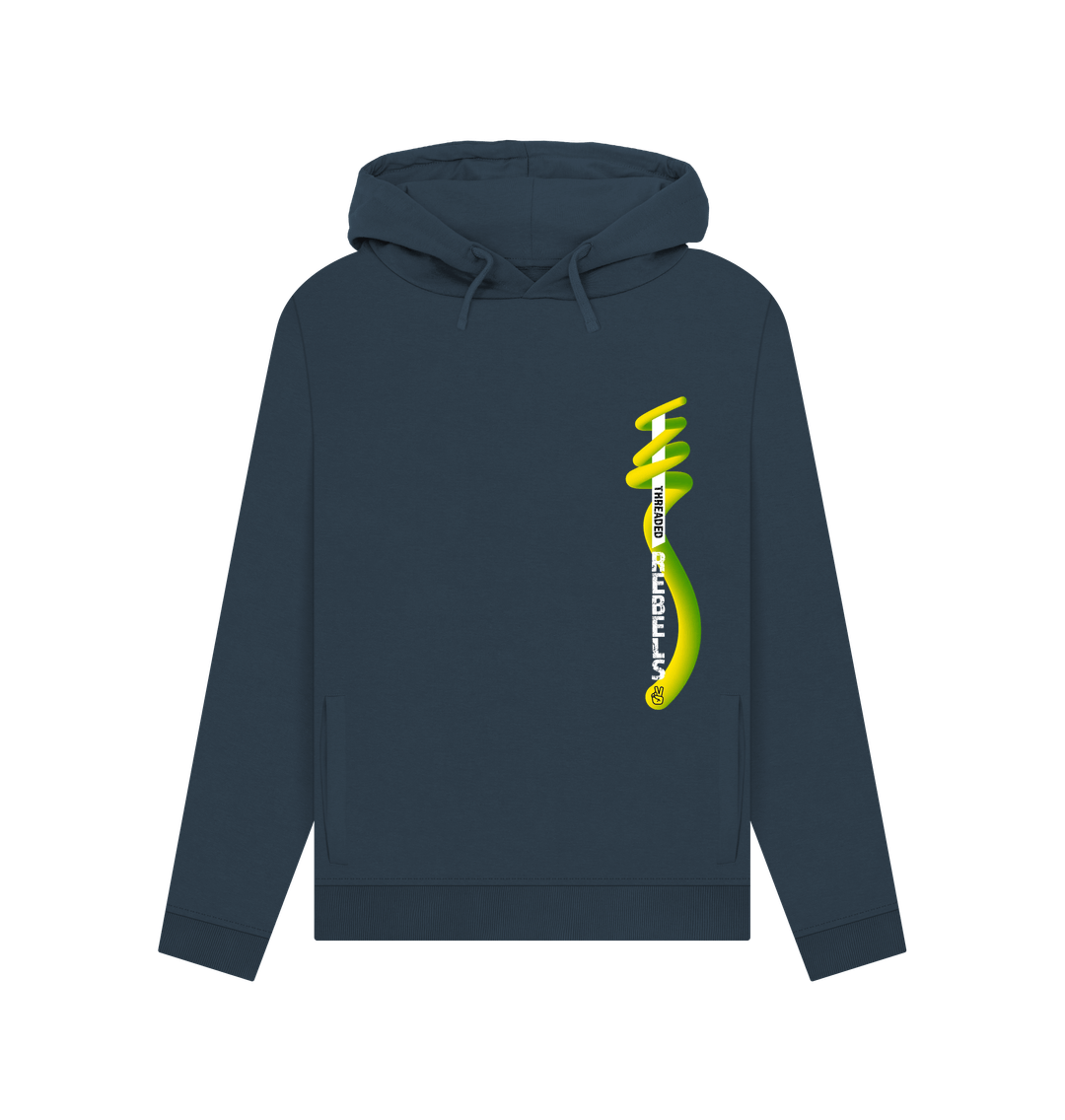 Navy Blue Threaded Rebels, Women's Certified Organic Cotton Pullover Hoodie, Left Vertical Twirl GYW