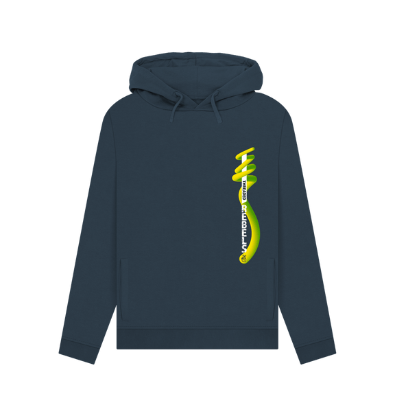 Navy Blue Threaded Rebels, Women's Certified Organic Cotton Pullover Hoodie, Left Vertical Twirl GYW