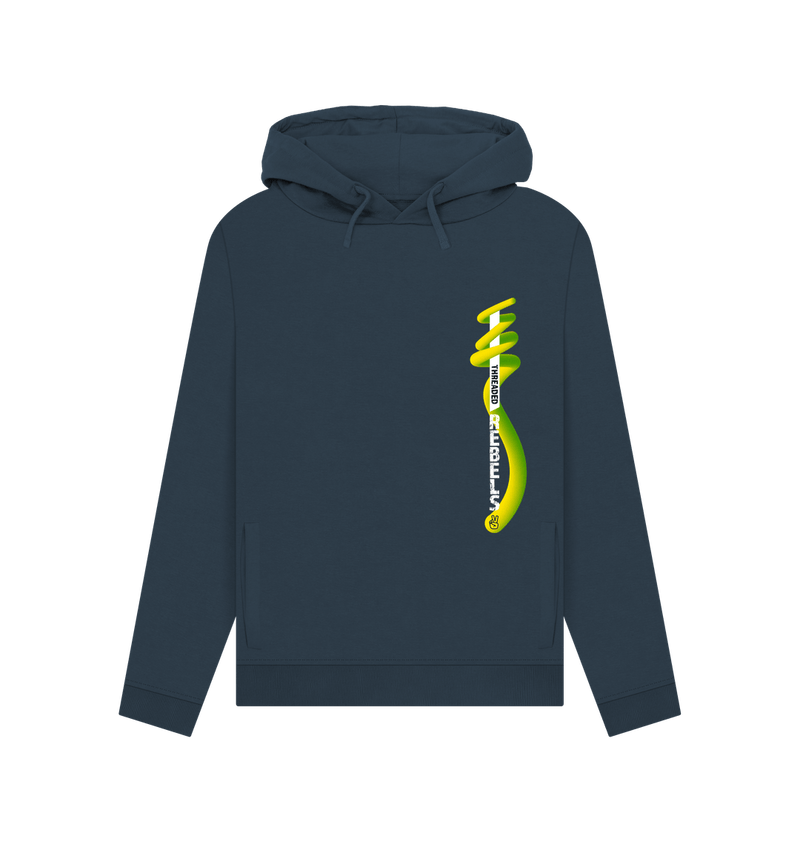 Navy Blue Threaded Rebels, Women's Certified Organic Cotton Pullover Hoodie, Left Vertical Twirl GYW