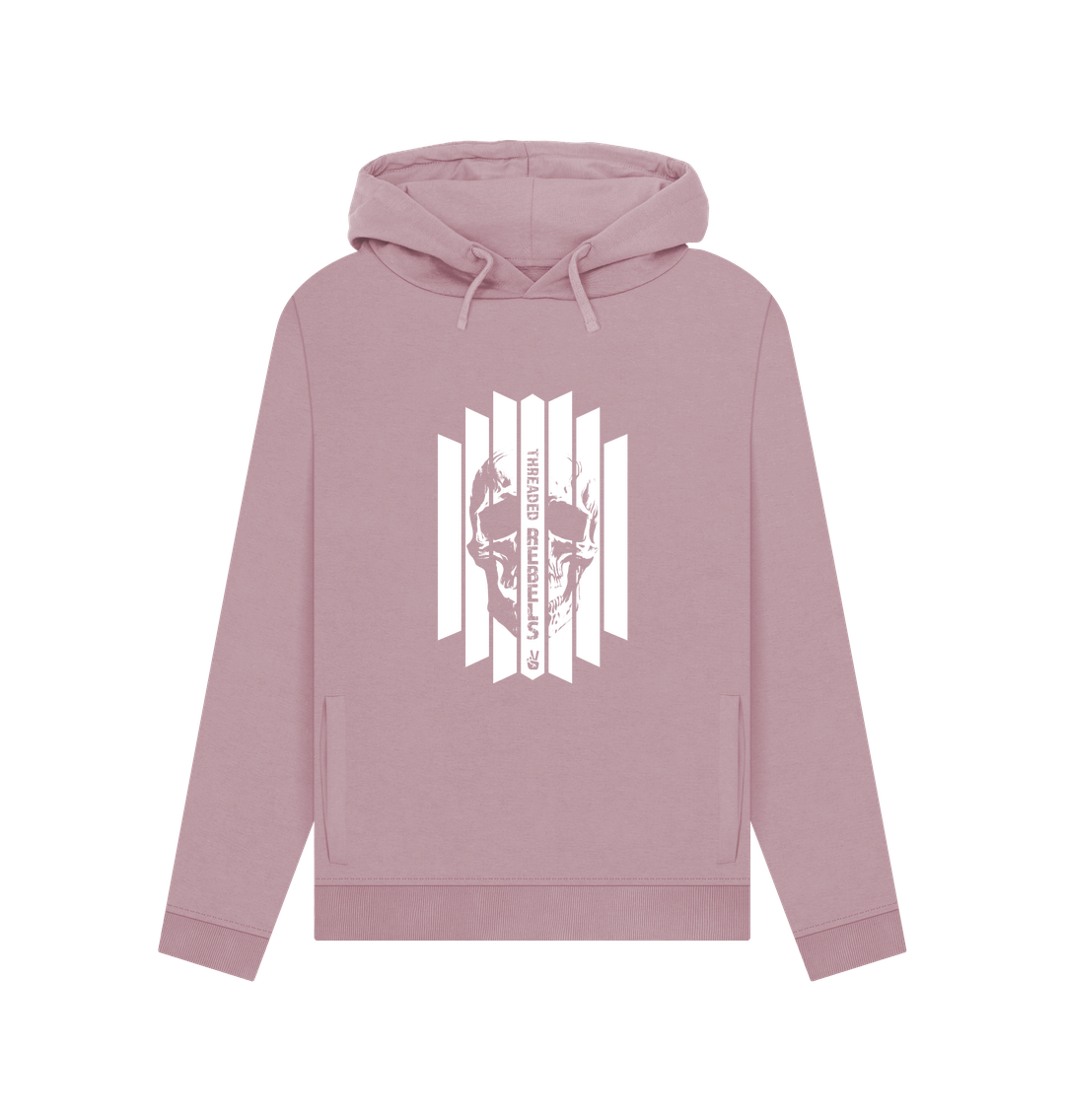 Mauve Threaded Rebels, Women's Certified Organic Cotton Pullover Hoodie, Front Skull Vertical W