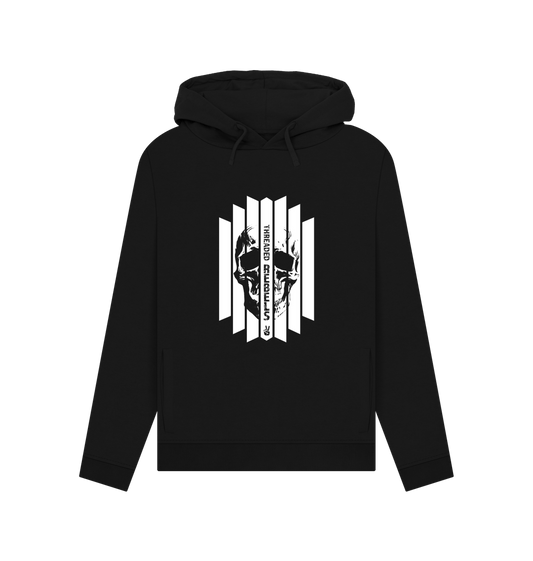 Black Threaded Rebels, Women's Certified Organic Cotton Pullover Hoodie, Front Skull Vertical W