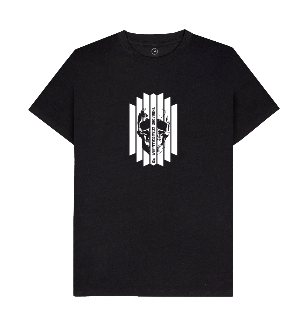 Black Threaded Rebels, Men's 50\/50 Remanufactured & Organic Cotton T-shirt, Front Skull Vertical WB