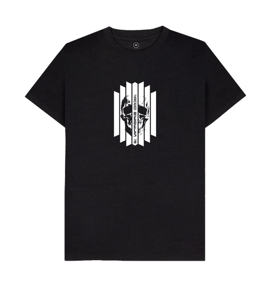 Black Threaded Rebels, Men's 50\/50 Remanufactured & Organic Cotton T-shirt, Front Skull Vertical WB