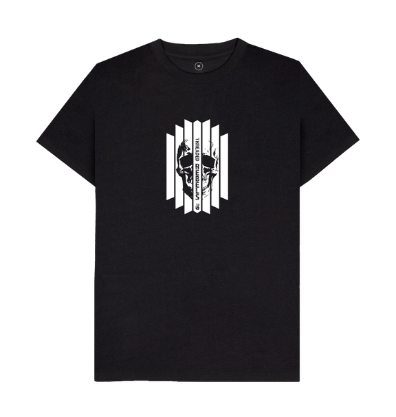 Black Threaded Rebels, Men's 50\/50 Remanufactured & Organic Cotton T-shirt, Front Skull Vertical WB