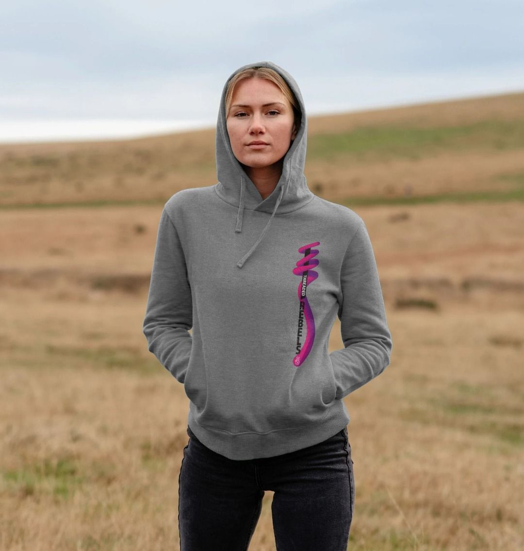 Threaded Rebels, Women's Certified Organic Cotton Pullover Hoodie, Left Vertical Twirl PB