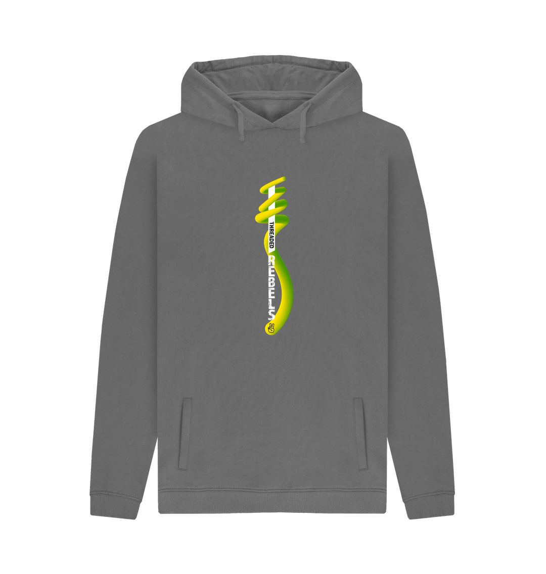 Slate Grey Threaded Rebels, Men's Certified Organic Cotton Pullover Hoodie, Front Vertical Twirl GYW