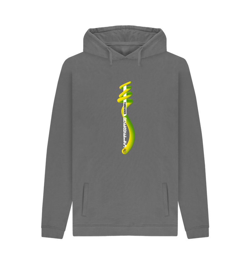 Slate Grey Threaded Rebels, Men's Certified Organic Cotton Pullover Hoodie, Front Vertical Twirl GYW