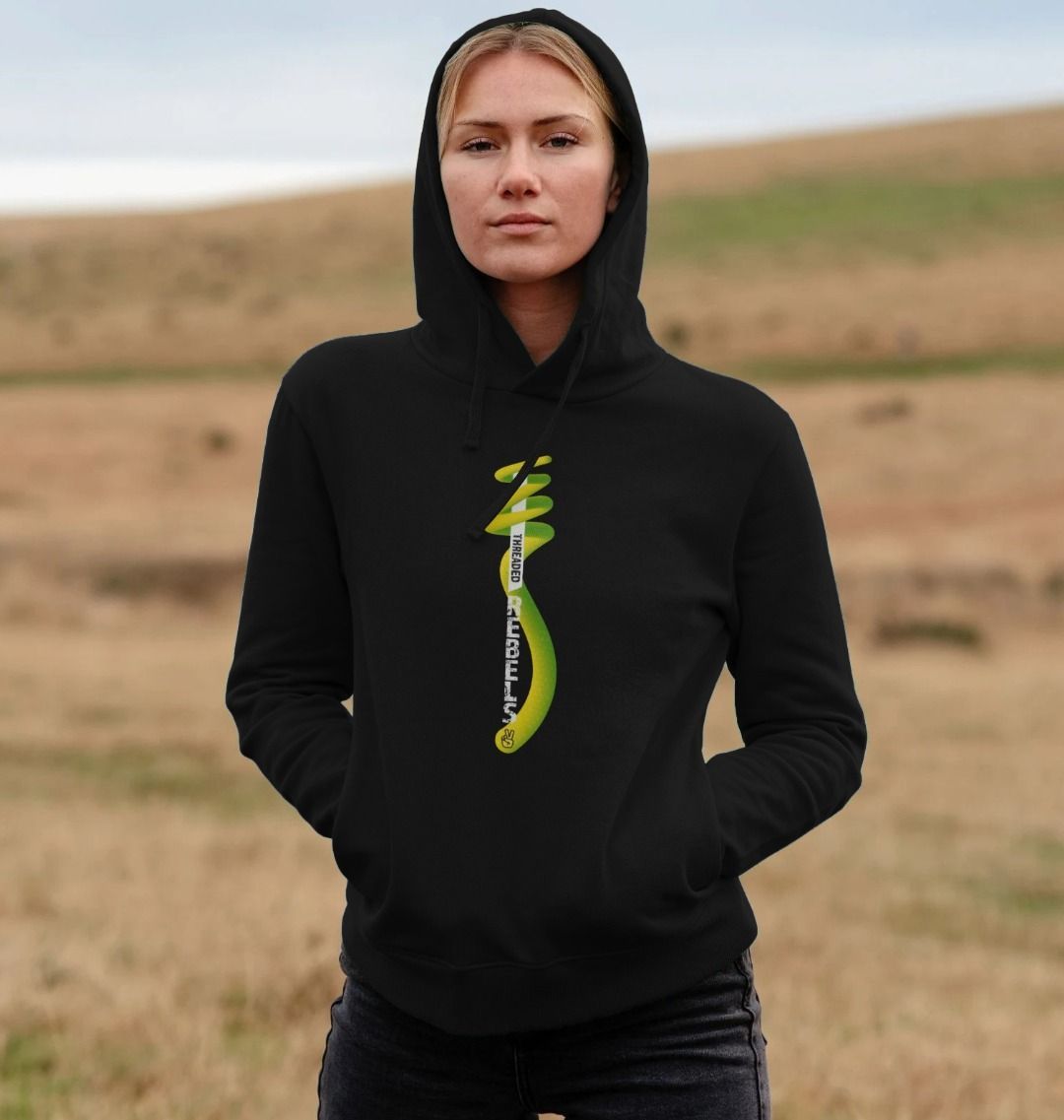 Threaded Rebels, Women's Certified Organic Cotton Pullover Hoodie, Front Vertical Twirl GYW