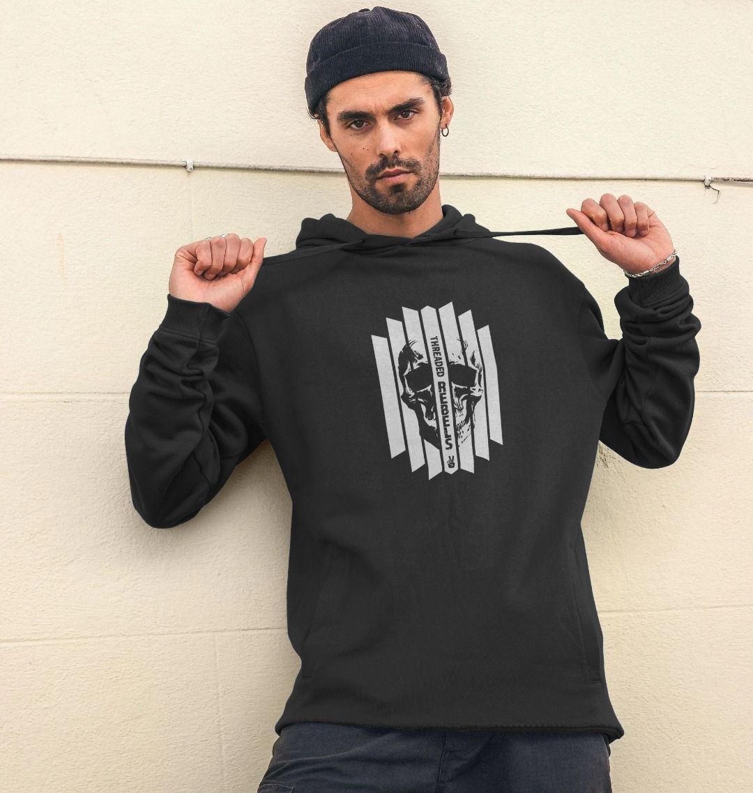 Threaded Rebels, Men's Certified Organic Cotton Pullover Hoodie, Front Skull Vertical WB